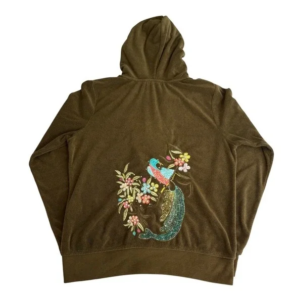 Y2K BCBGMAXAZRIA Olive Green Velour Hoodie Jacket Floral Bird Embroidery Large - Picture 4 of 7